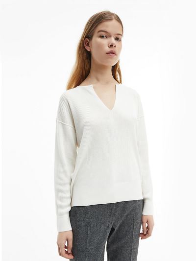 Calvin Klein Ruhák HU684517 | Calvin Klein Logo Tape V-Neck Női Pulóver Fehér